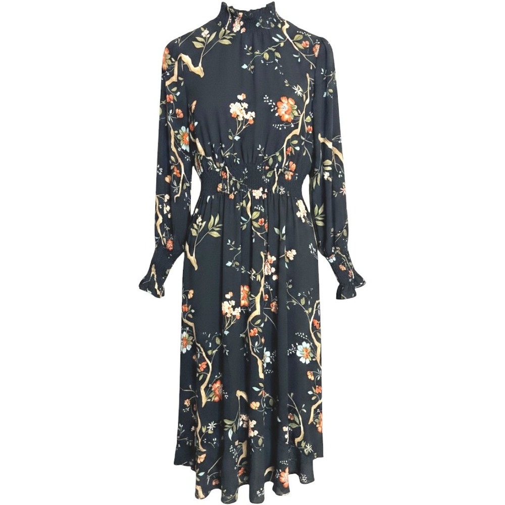 Nanette Lepore Floral Midi Dress Sz 8 Mock Neck Smocked Waist Cottagecore